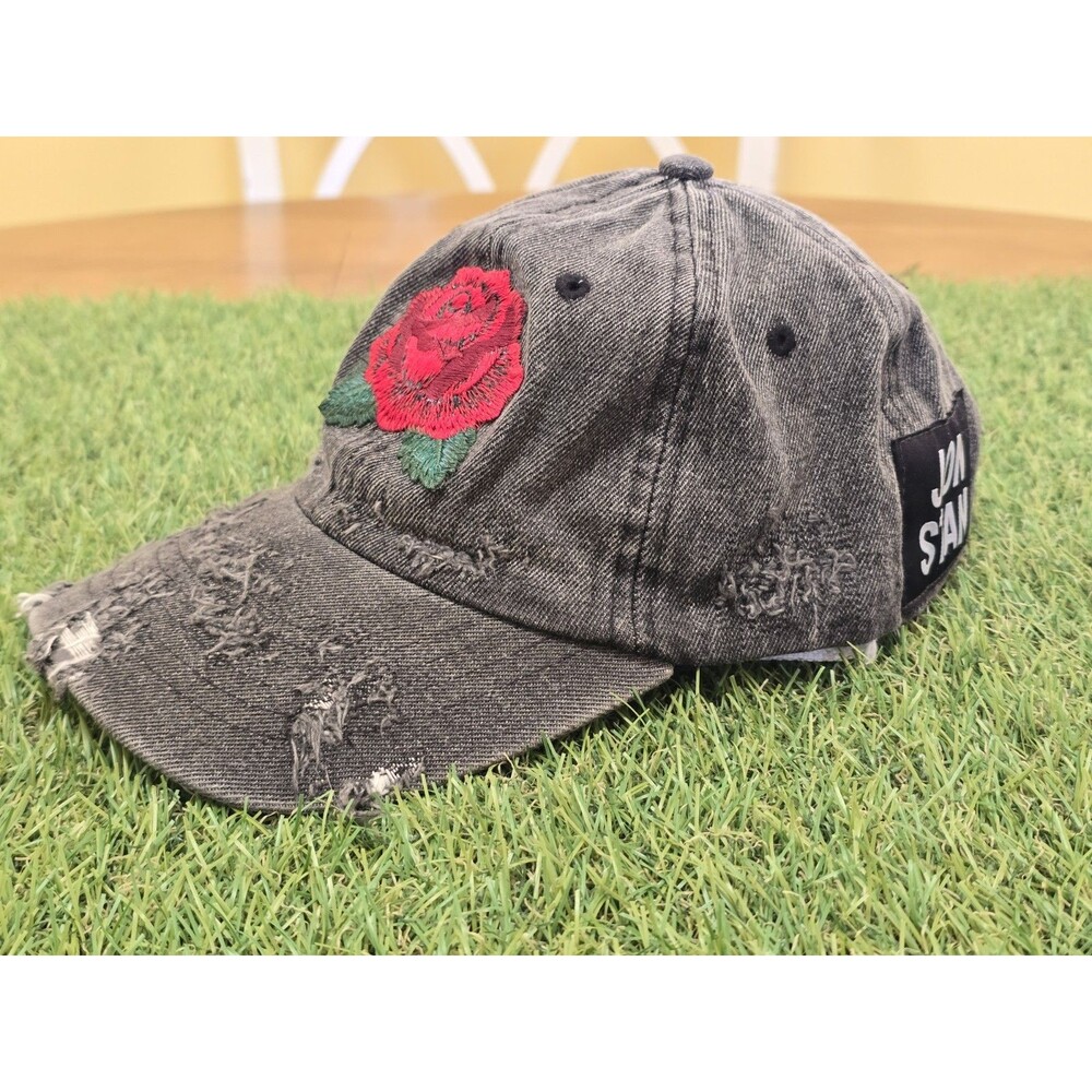 2016 Authentic Jon Stan Grey Denim Distressed Hat With Rose EUC Super Rare